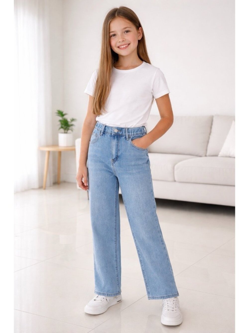 Girls Wide Leg Light Wash Jeans Stretch Elastic Waist Casual Everyday 12Y 12